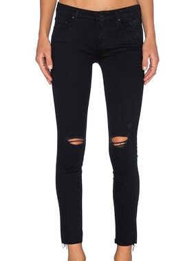 MOTHER Black Women's Distressed Skinny Jeans - The Looker Ankle Fray